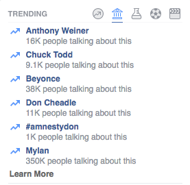 Trending topics no longer shows a summary with each trend. Some trends appear to be in the wrong category such as Beyonce in the politics section. (image: facebook)